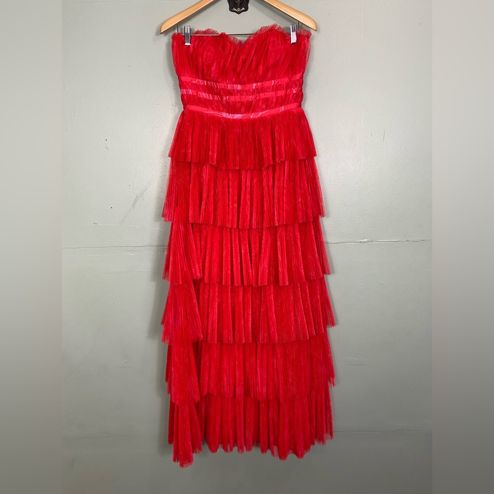 Anthropologie Hutch‎ Evie Strapless Tiered Maxi Dress Red Size 4 Tulle - Picture 2 of 8